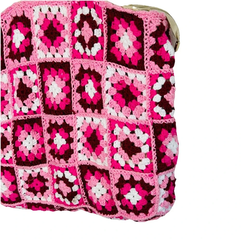 Boho Crochet Granny Square Purse Handbag Bamboo Style Handles Retro‎ Hippie Pink